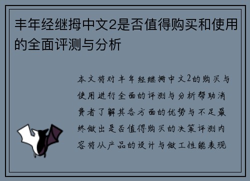 丰年经继拇中文2是否值得购买和使用的全面评测与分析